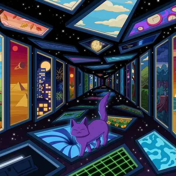 A purple cat standing in a neon space corridor lined with portal windows into other worlds: a waterfall, a city, a desert sunset, a snowy peak